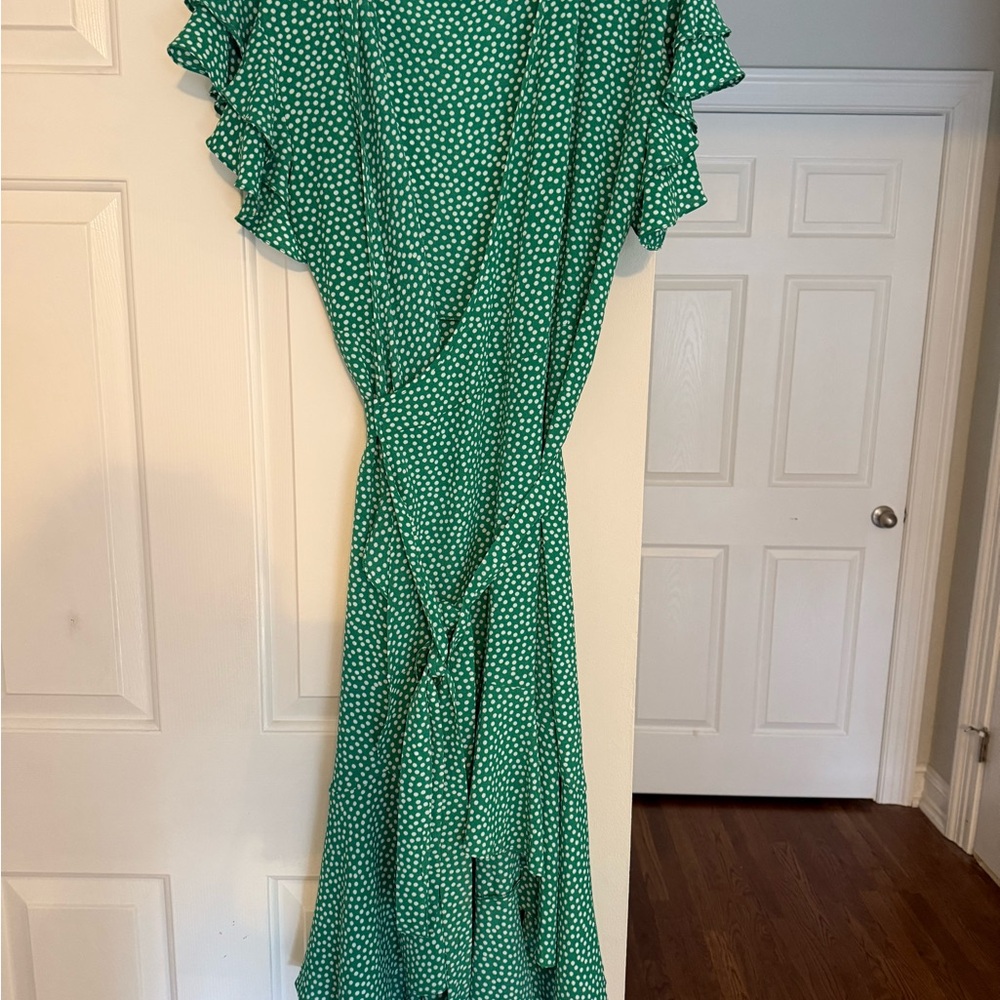 Max Studio Green Polka Dot Ruffle Wrap Maxi Dress